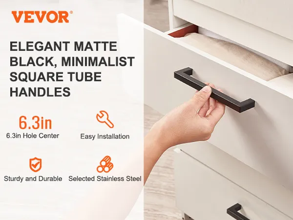 VEVOR cabinet pulls in matte black with easy installation, 6.3in hole center, and minimalist design.