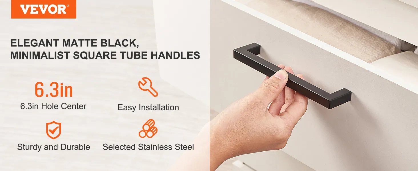 VEVOR cabinet pulls in matte black with easy installation, 6.3in hole center, and minimalist design.