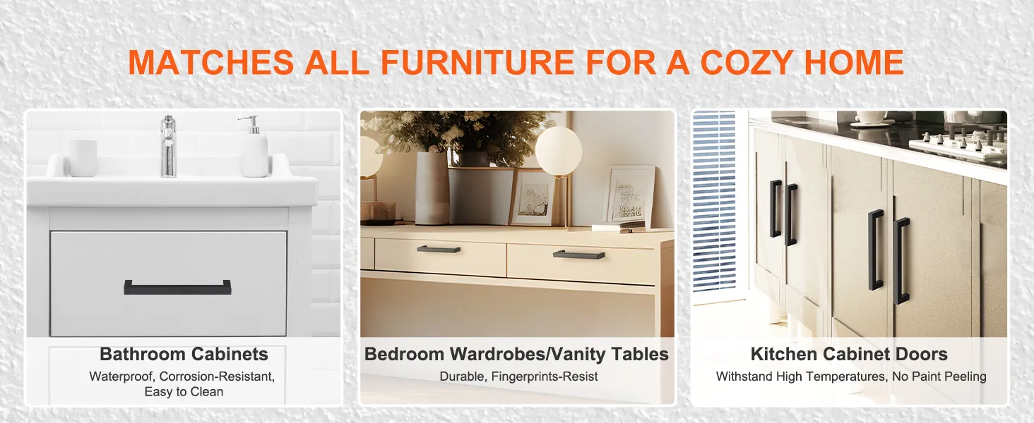 VEVOR cabinet pulls on bathroom, bedroom, and kitchen cabinets, matching all furniture for a cozy home.