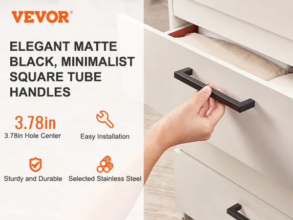 VEVOR cabinet pulls: elegant matte black, minimalist square tube handles, 3.78in hole center, easy installation.