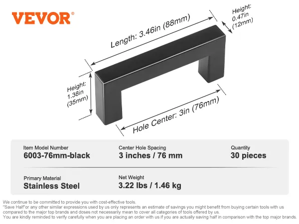 VEVOR cabinet pulls, 3-inch hole spacing, black stainless steel, 30 pieces, model 6003-76mm, 1.46 kg.