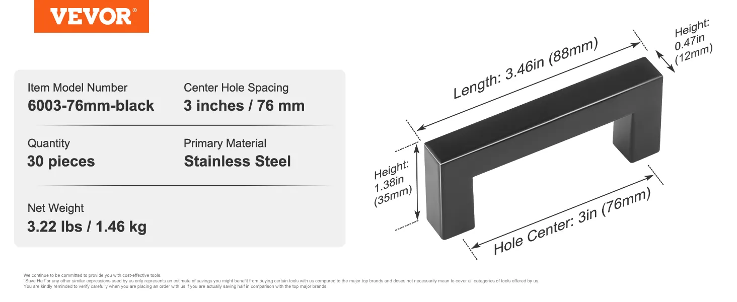 VEVOR cabinet pulls, 3-inch hole spacing, black stainless steel, 30 pieces, model 6003-76mm, 1.46 kg.