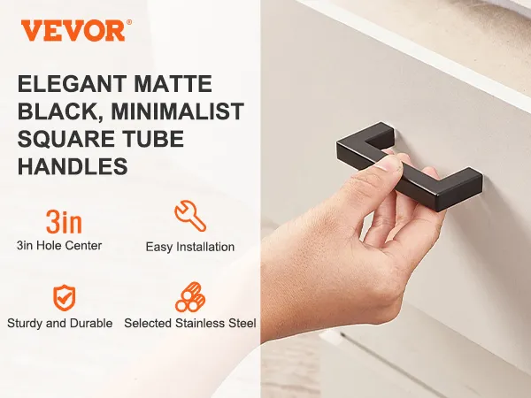 VEVOR cabinet pulls in matte black, minimalist square tube handles, 3-inch hole center, easy installation.