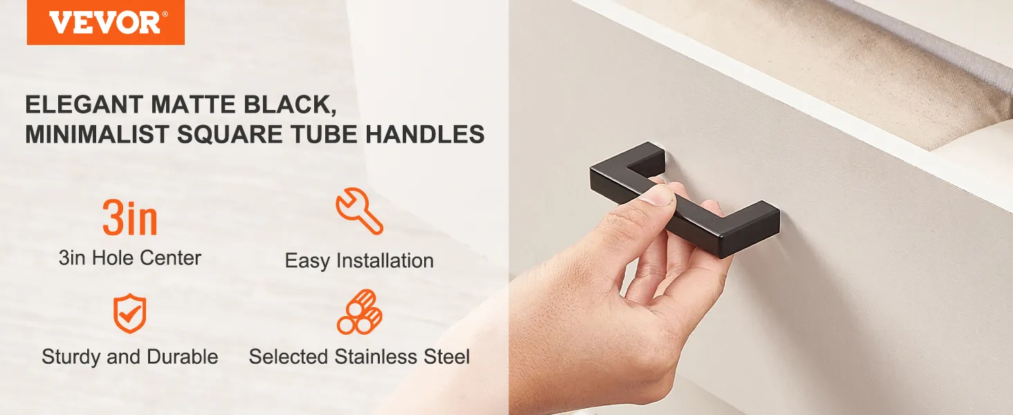 VEVOR cabinet pulls in matte black, minimalist square tube handles, 3-inch hole center, easy installation.