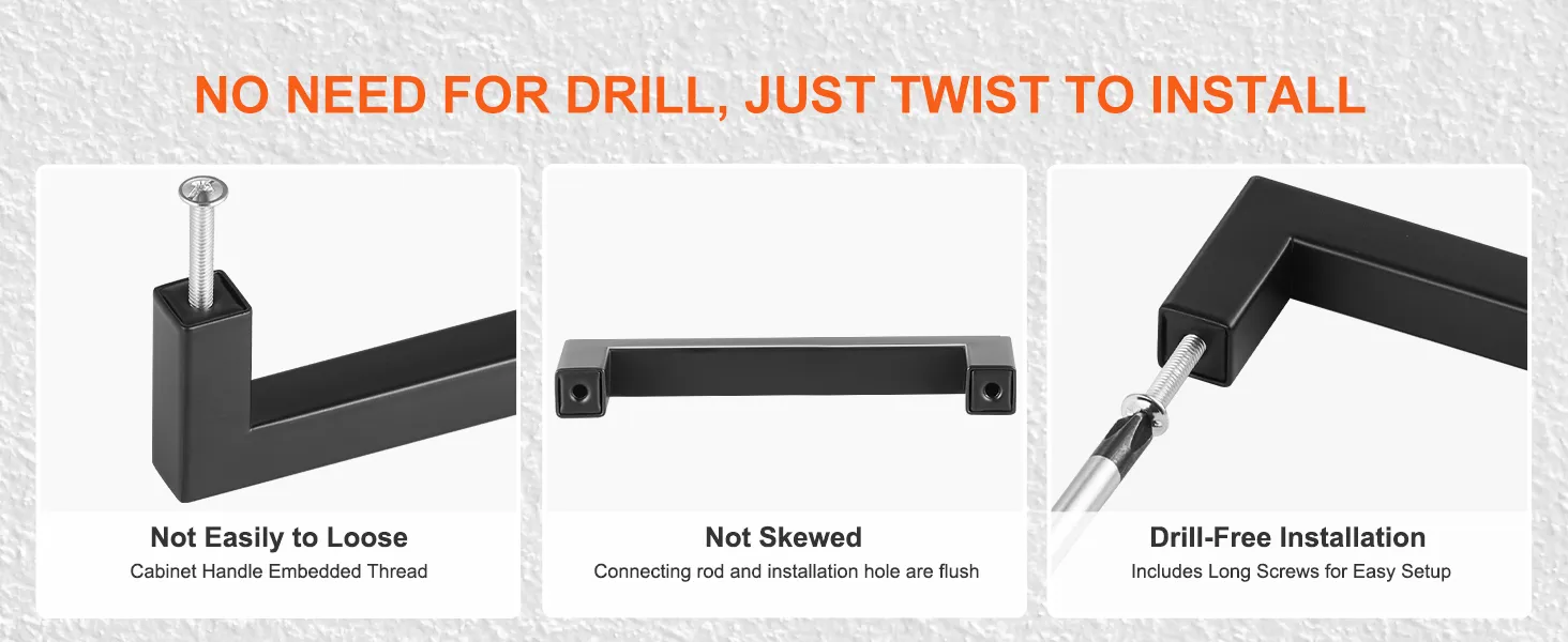 no drill needed for VEVOR cabinet pulls, easy twist installation, secure and flush fitting, long screws included.