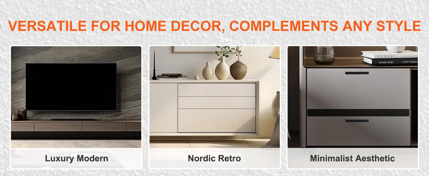luxury modern, nordic retro, and minimalist aesthetic living room setups highlighting VEVOR cabinet pulls.