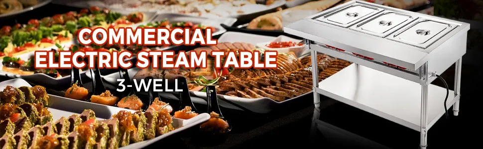 Calentador de alimentos eléctrico comercial VEVOR con mesa de vapor de 3 compartimentos, rodeado de varios platos.