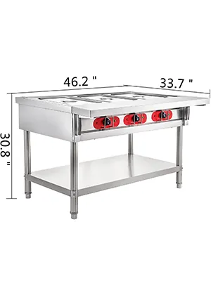 Calentador de alimentos eléctrico comercial VEVOR con cuatro perillas de control rojas, acabado en acero inoxidable.