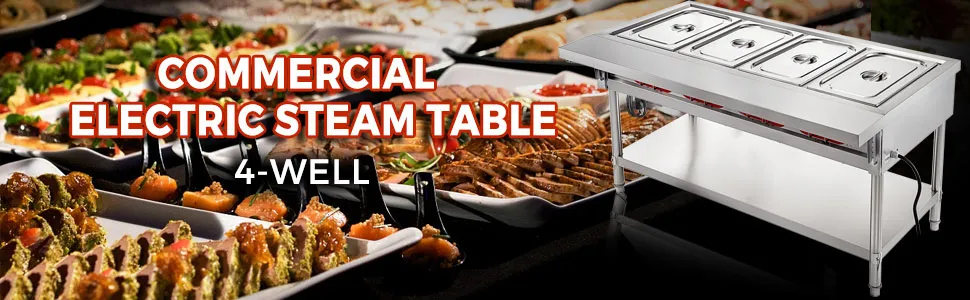 VEVOR steam table food warmer with four wells, surrounded by assorted dishes.
