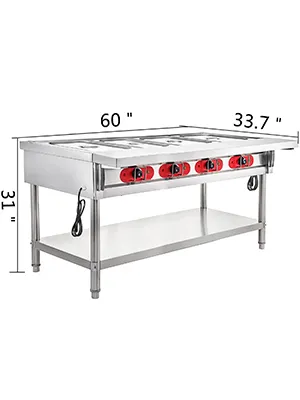 VEVOR steam table food warmer, 60" x 33.7" x 31", stainless steel with red controls.