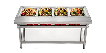 VEVOR steam table food warmer with four pans filled with assorted dishes.