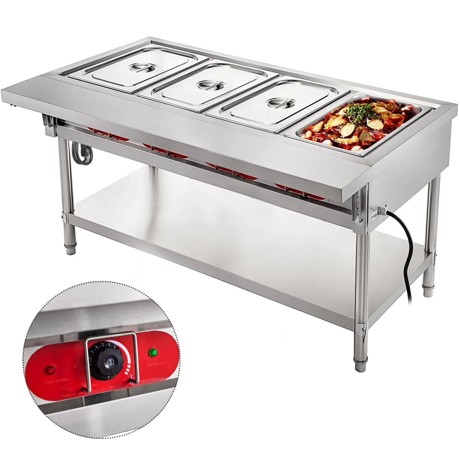 VEVOR steam table food warmer with control knob and three covered trays.