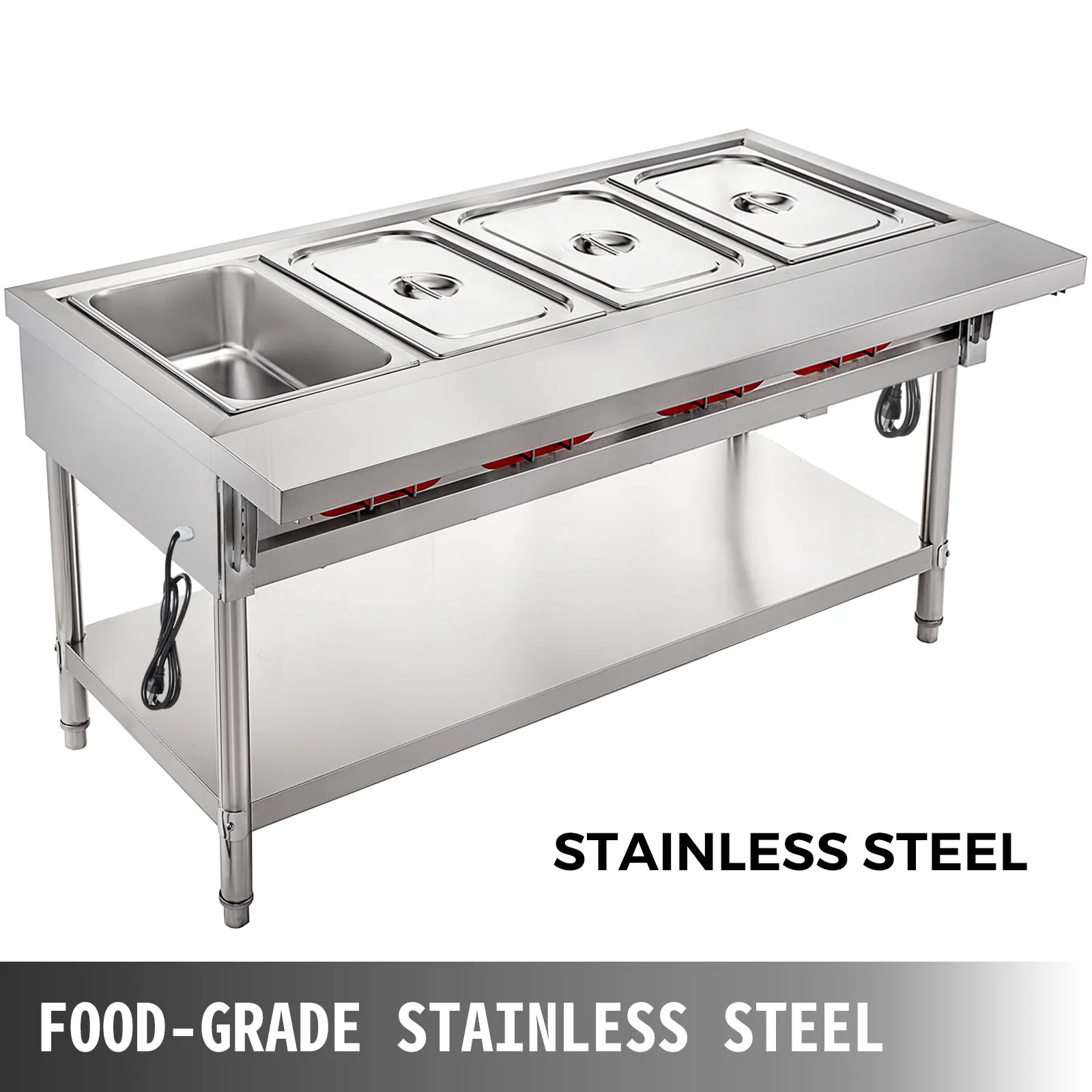 VEVOR steam table food warmer, food-grade stainless steel, three compartments.