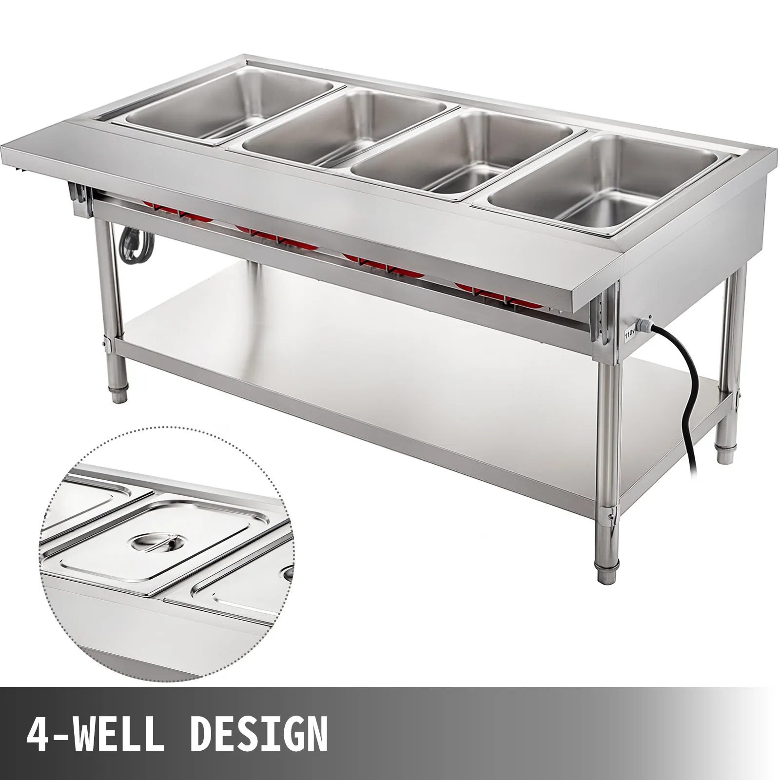 VEVOR steam table food warmer with 4-well design, stainless steel, electric.