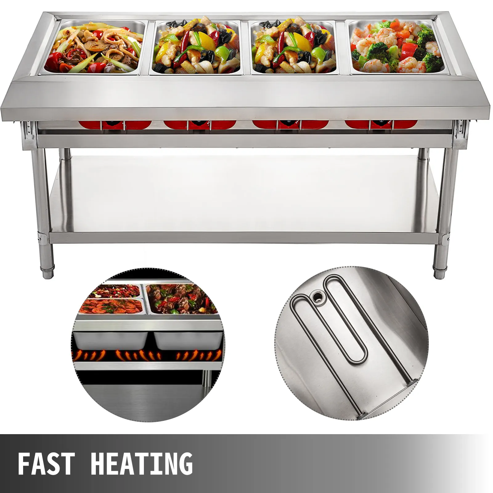 VEVOR steam table food warmer with multiple food trays and heating elements.