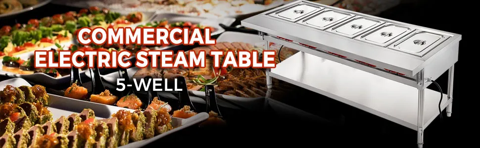 commercial electric food warmer with five well pans and assorted buffet dishes