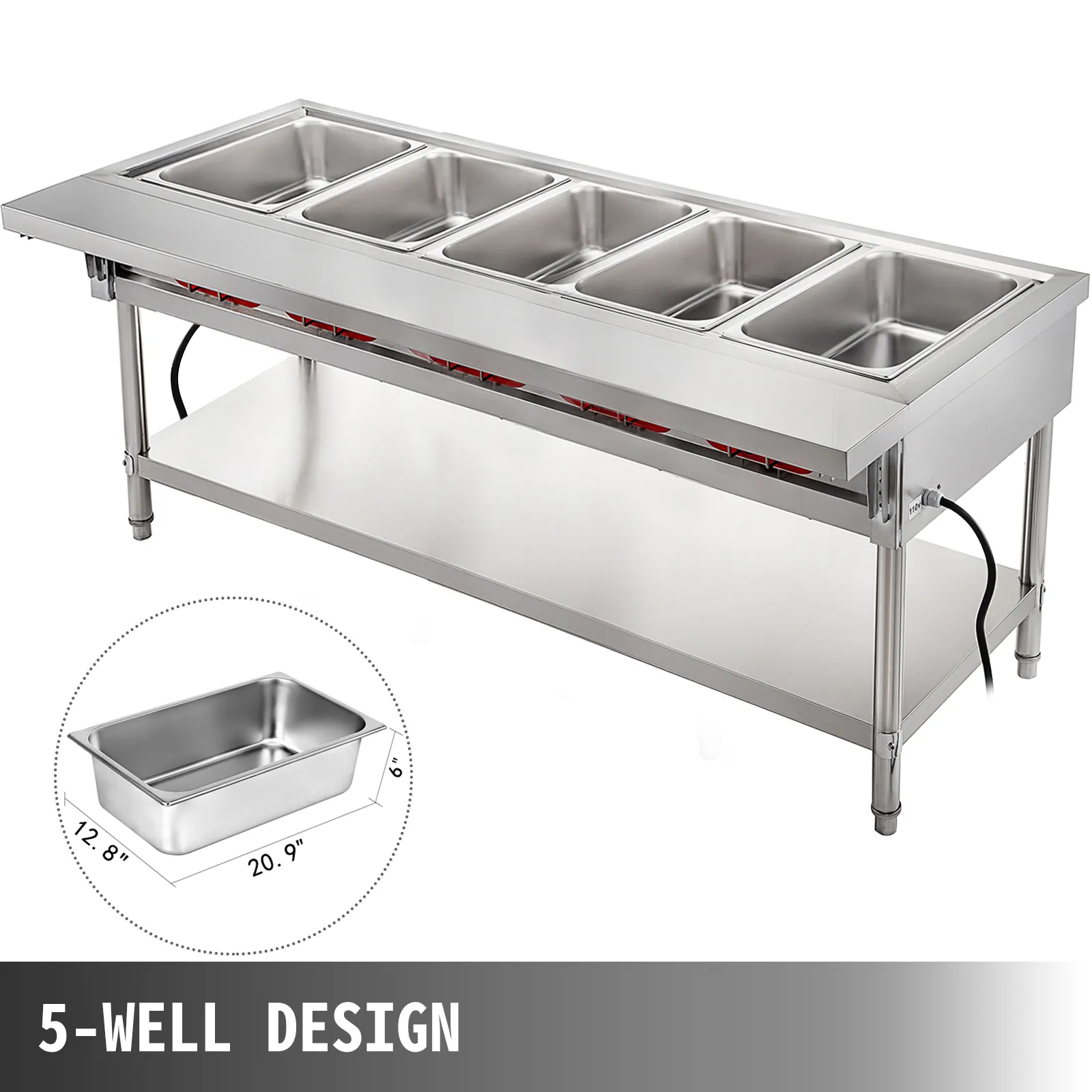 VEVOR commercial electric food warmer with 5-well design, stainless steel construction.