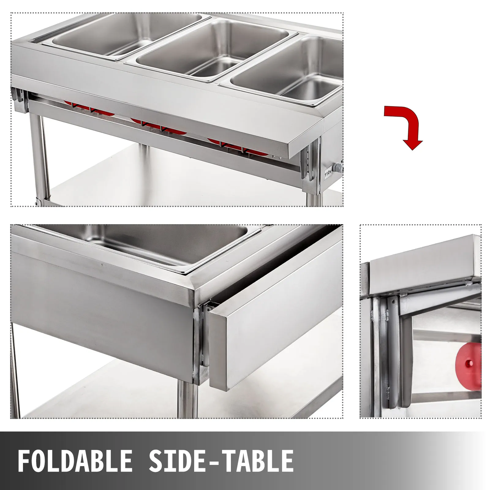 VEVOR commercial electric food warmer with foldable side-table and stainless steel bins.