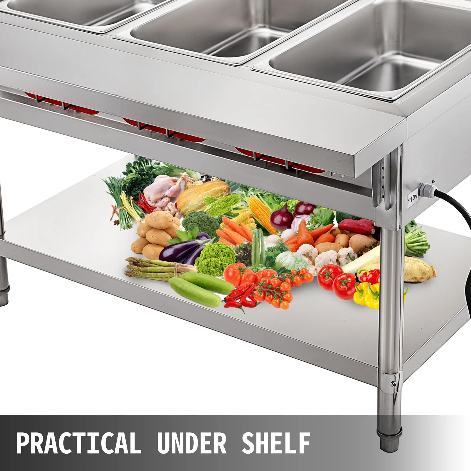 VEVOR commercial electric food warmer with under-shelf and fresh vegetables.