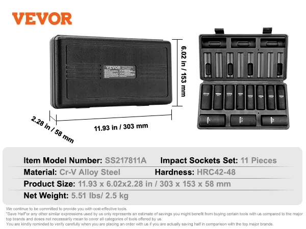 VEVOR impact socket set, 11-piece cr-v alloy steel, case size 303 x 153 x 58 mm, 5.51 lbs.