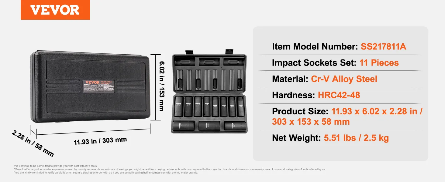 VEVOR impact socket set, 11-piece cr-v alloy steel, case size 303 x 153 x 58 mm, 5.51 lbs.