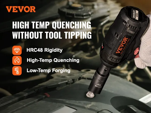 VEVOR impact socket set in use, high-temp quenching, hrc48 rigidity, low-temp forging durability.