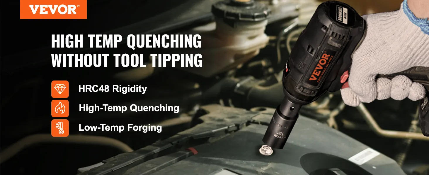 VEVOR impact socket set in use, high-temp quenching, hrc48 rigidity, low-temp forging durability.