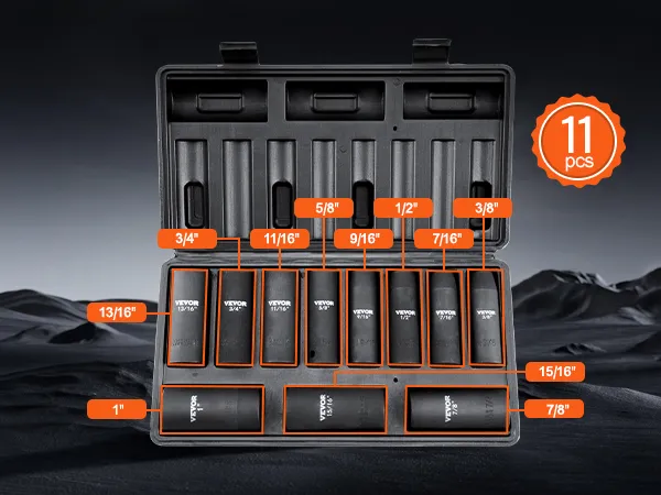 VEVOR impact socket set, 11 pcs, organized in labeled case, various socket sizes displayed.