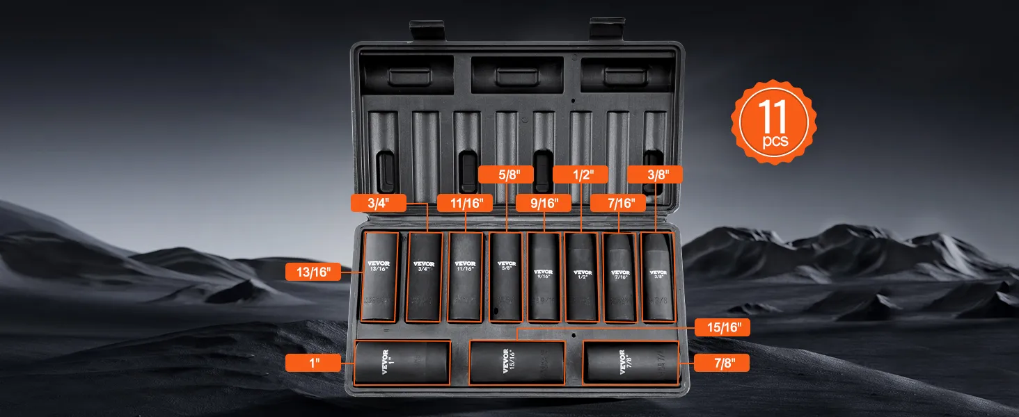 VEVOR impact socket set, 11 pcs, organized in labeled case, various socket sizes displayed.