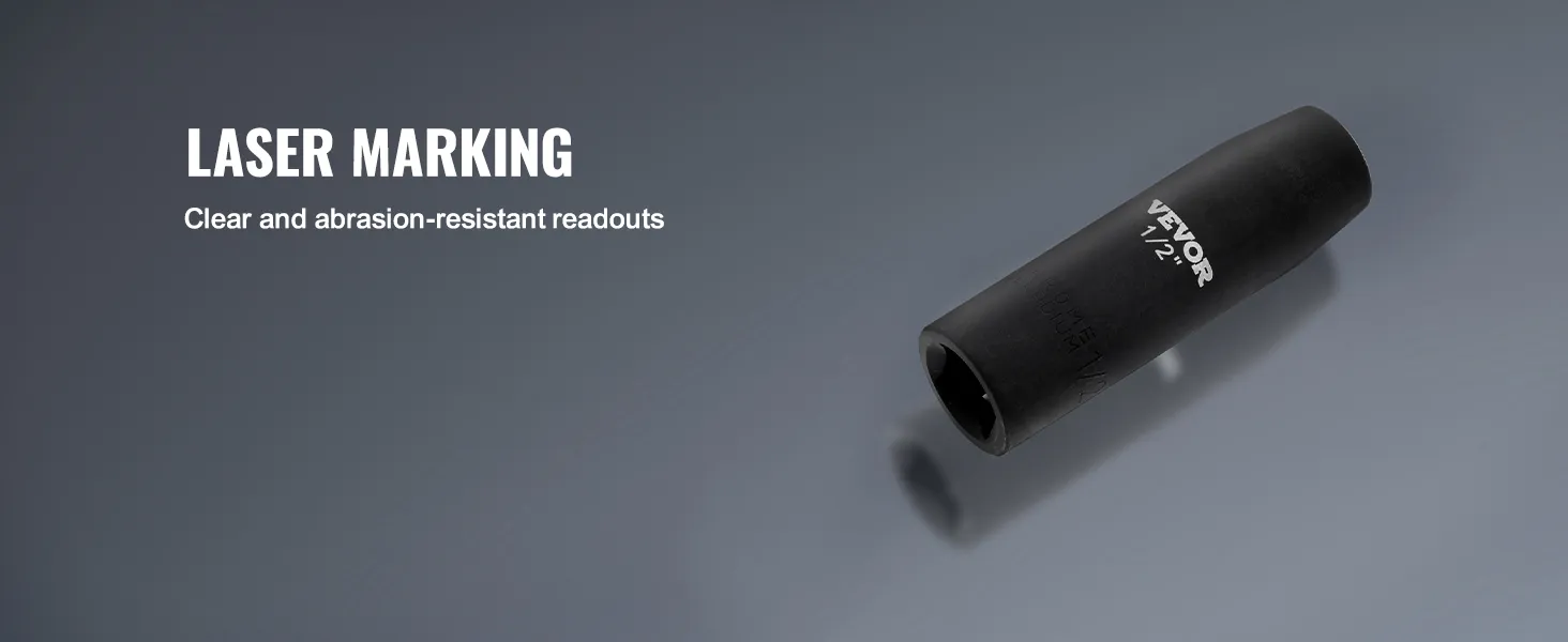 VEVOR impact socket set with clear, abrasion-resistant laser marking for easy readouts.