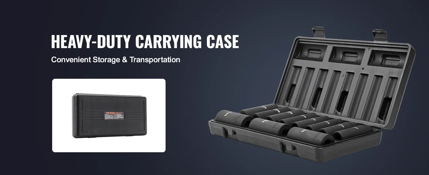 VEVOR impact socket set in heavy-duty carrying case for convenient storage and transportation.