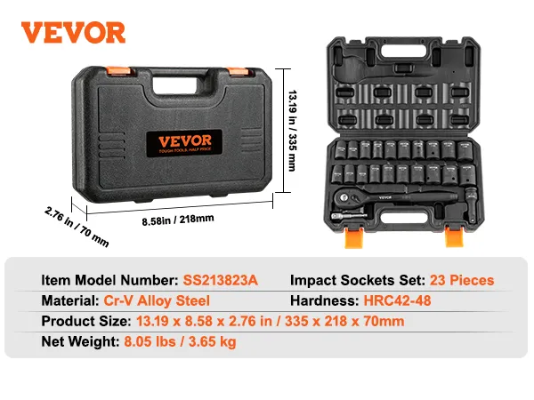 VEVOR impact socket set, 23 pieces, in black case, model ss213823a, made of cr-v alloy steel.