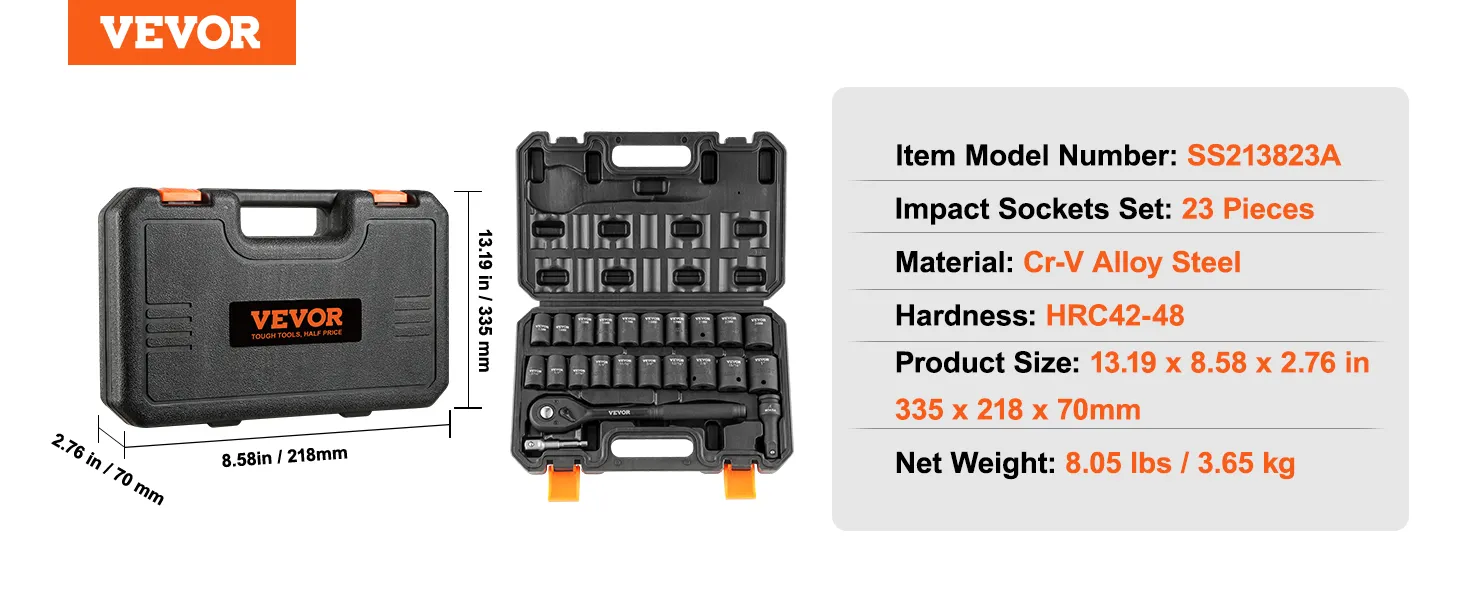 VEVOR impact socket set, 23 pieces, in black case, model ss213823a, made of cr-v alloy steel.