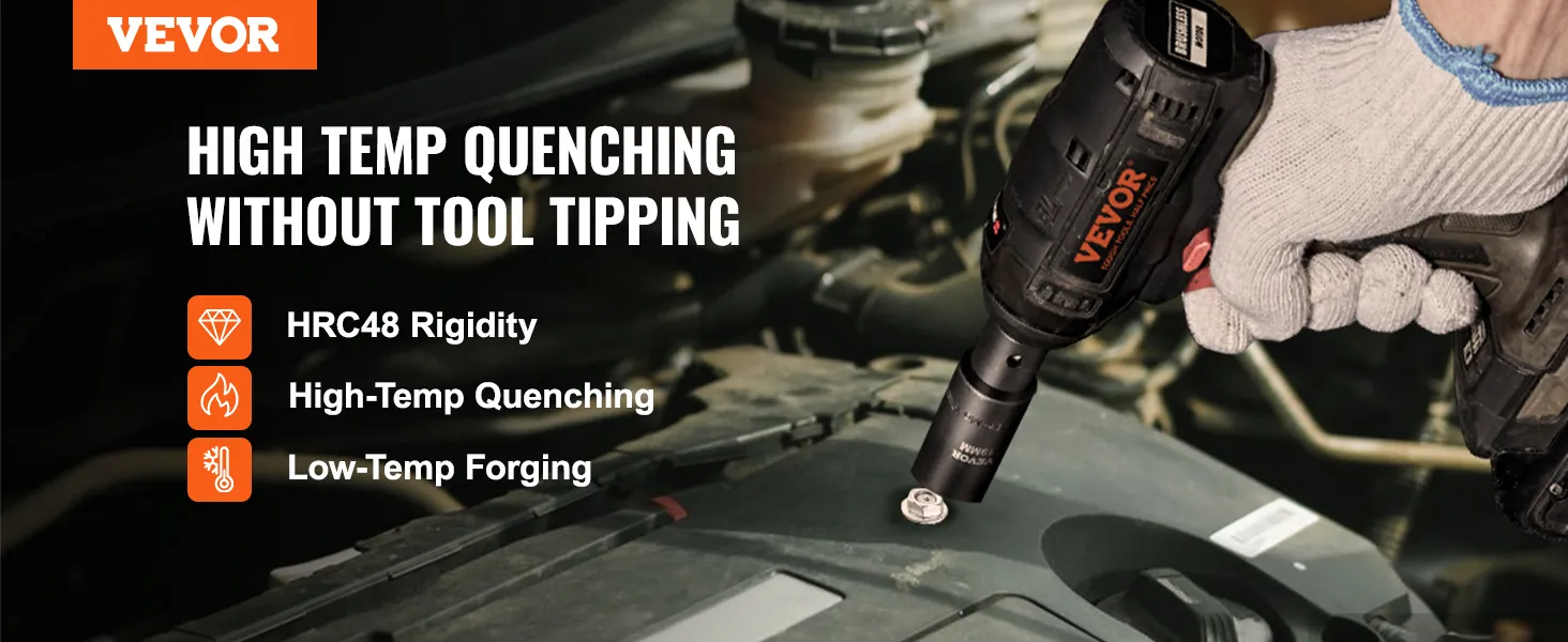 VEVOR impact socket set being used for high-temp quenching without tool tipping, emphasizing hrc48 rigidity.