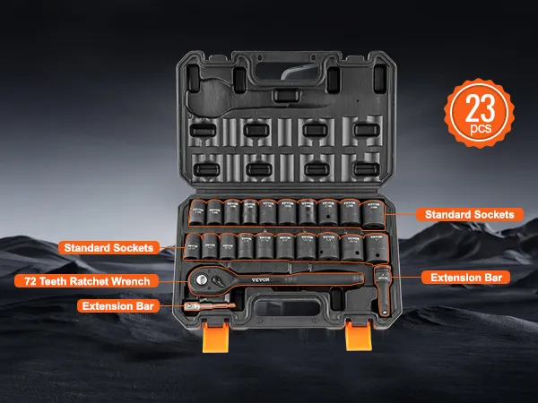 VEVOR impact socket set with 72 teeth ratchet wrench, extension bars, and standard sockets (23 pcs).