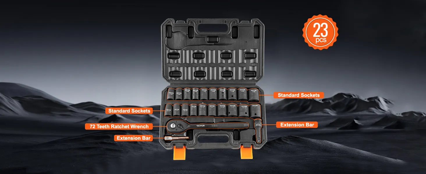 VEVOR impact socket set with 72 teeth ratchet wrench, extension bars, and standard sockets (23 pcs).