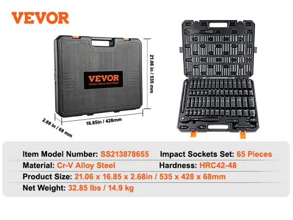 VEVOR impact socket set in a durable black case with 34 pieces. dimensions: 21.06 x 16.85 x 2.68 in.