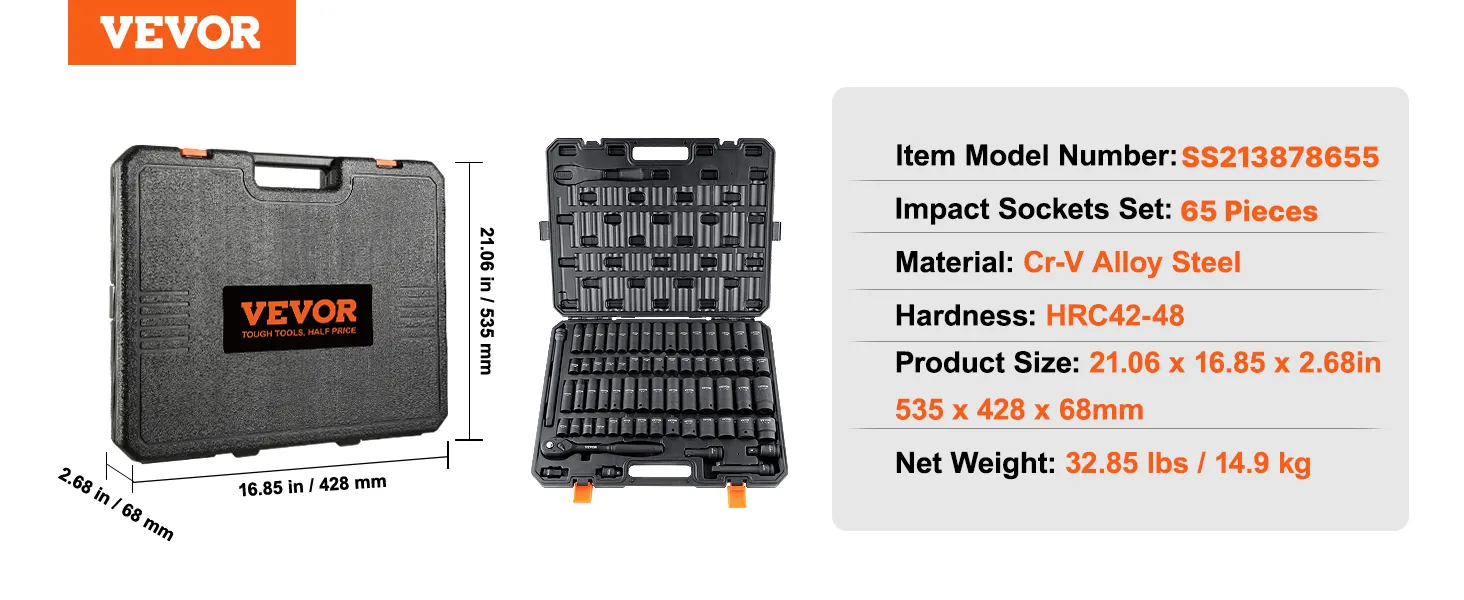 VEVOR impact socket set in a durable black case with 34 pieces. dimensions: 21.06 x 16.85 x 2.68 in.