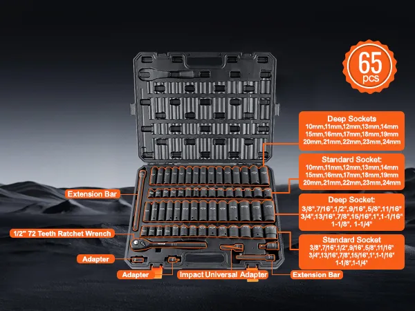 VEVOR impact socket set with 65 pieces, including various deep and standard sockets in a hard case.