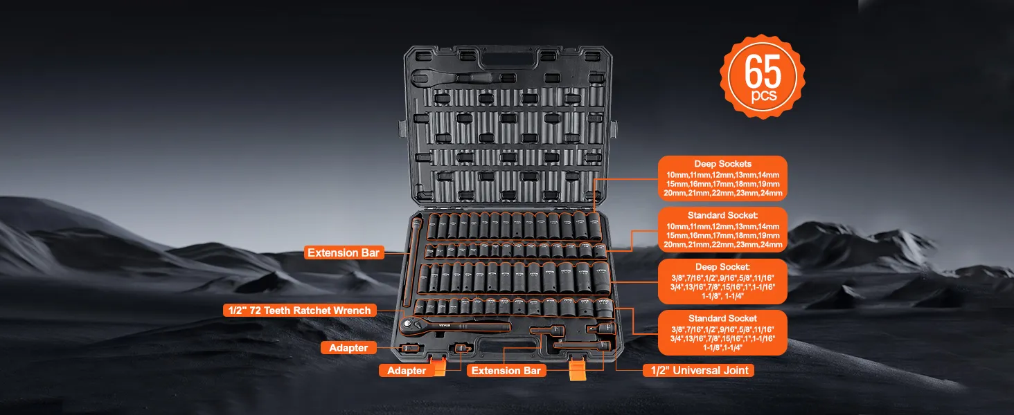 VEVOR impact socket set with 65 pieces, including various deep and standard sockets in a hard case.