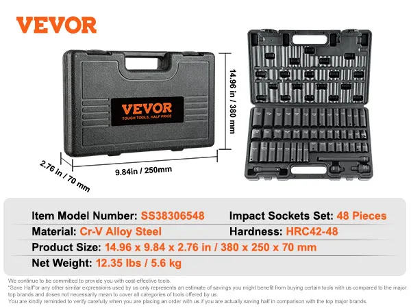 VEVOR 3/8" Drive Impact Socket Set, 48 Piece Socket Set SAE （5/16" -3/4"） & Metric （8-22mm）6 Point Cr-V Drive Extension Bar Universal Joint & Power Drill Adapter Includes Storage Case