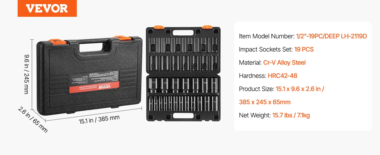 Vevor Impact Socket Set 1 Inch Drive Deep Impact Socket Set - 9-Piece Cr-Mo 6-Point Sockets (1-2 Inch) 1/2 Deep Impact Socket Set
