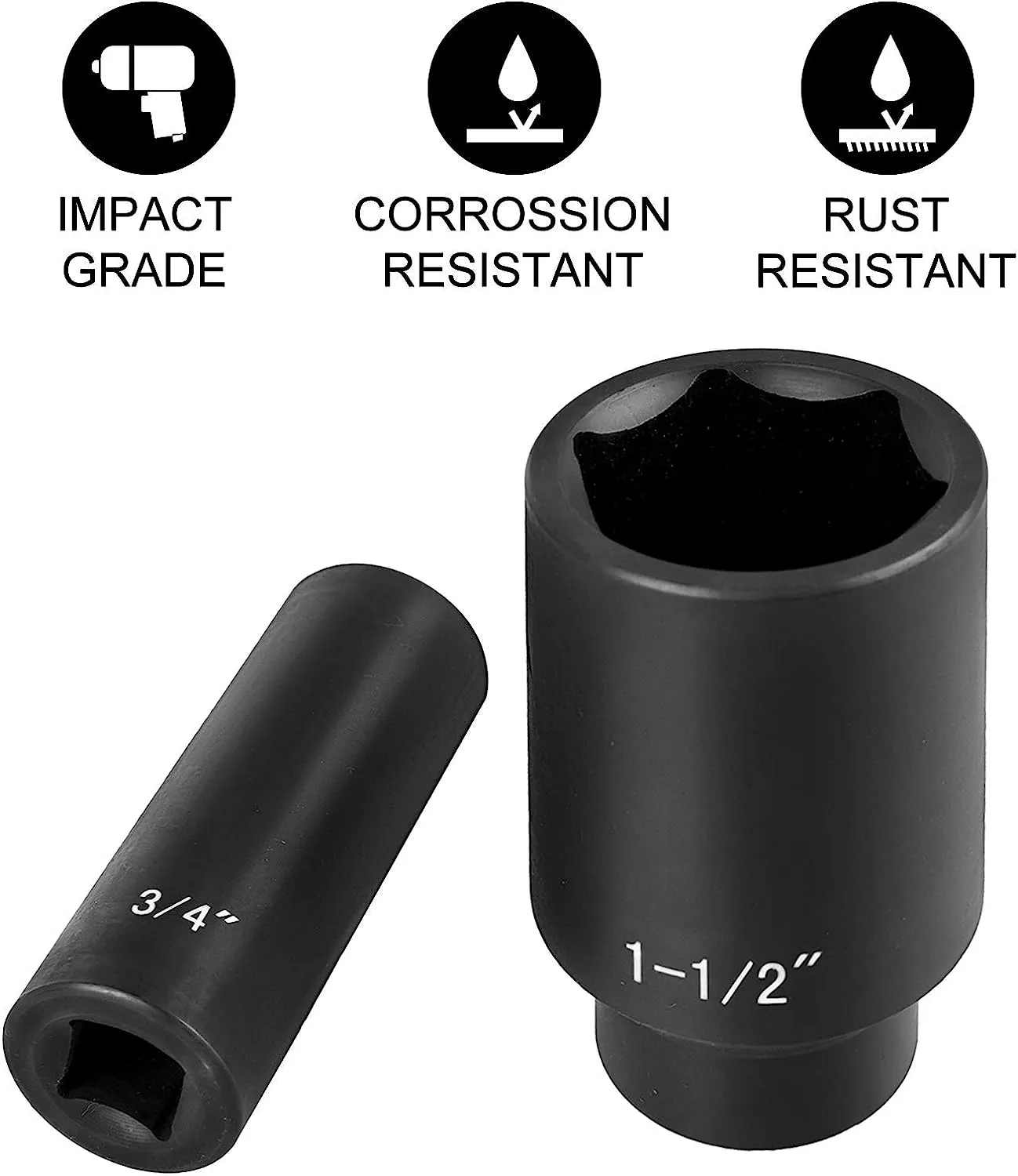 VEVOR impact socket set, corrosion and rust-resistant, 3/4" and 1-1/2" sizes.