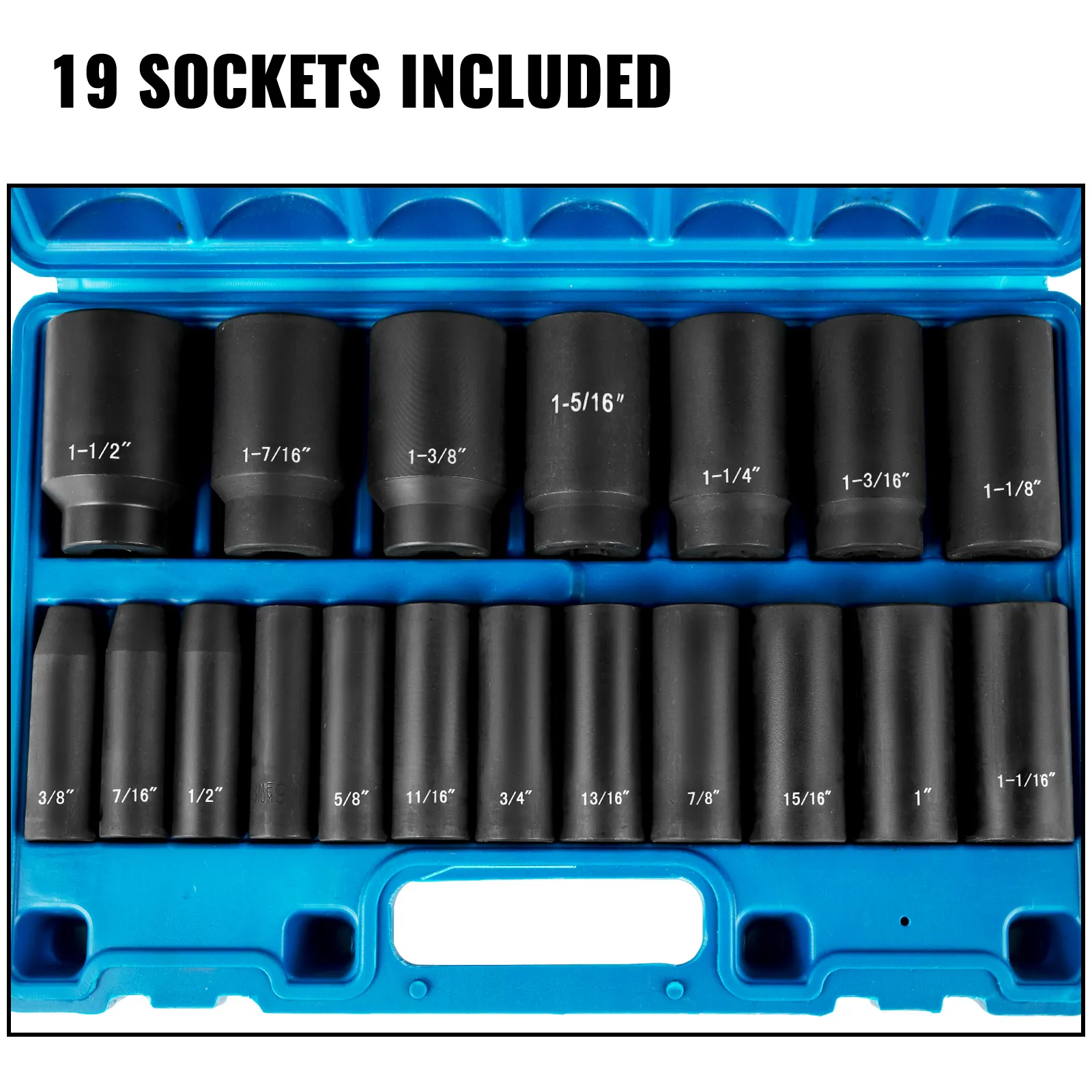 VEVOR impact socket set with 19 sockets in a blue case.