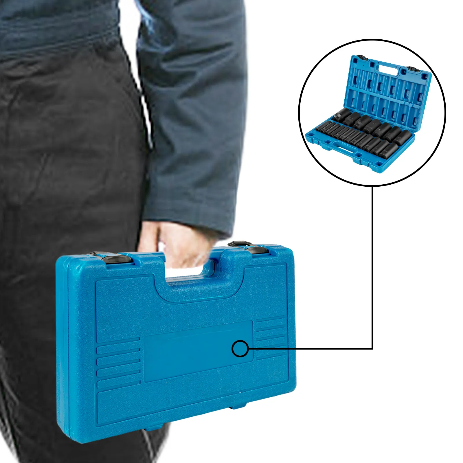 person carrying a blue VEVOR impact socket set case with tool contents shown inset