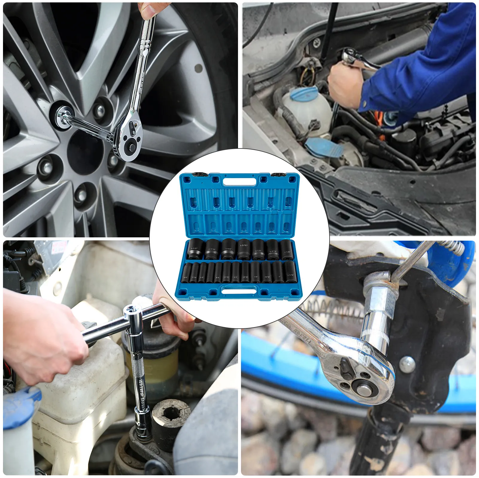 mechanic using VEVOR impact socket set on car wheels and engine with blue case.
