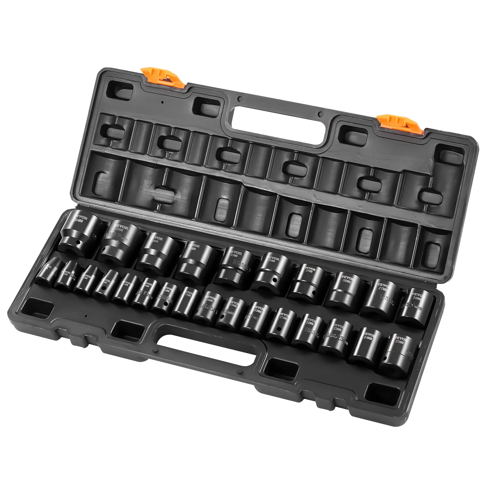 VEVOR impact socket set in blue case with various socket sizes.