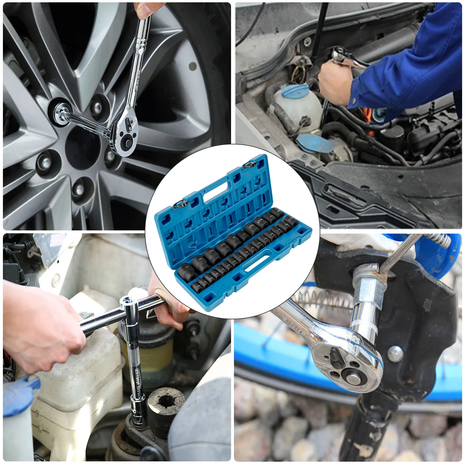 VEVOR impact socket set in use on car and bike repairs, blue case with sockets displayed.