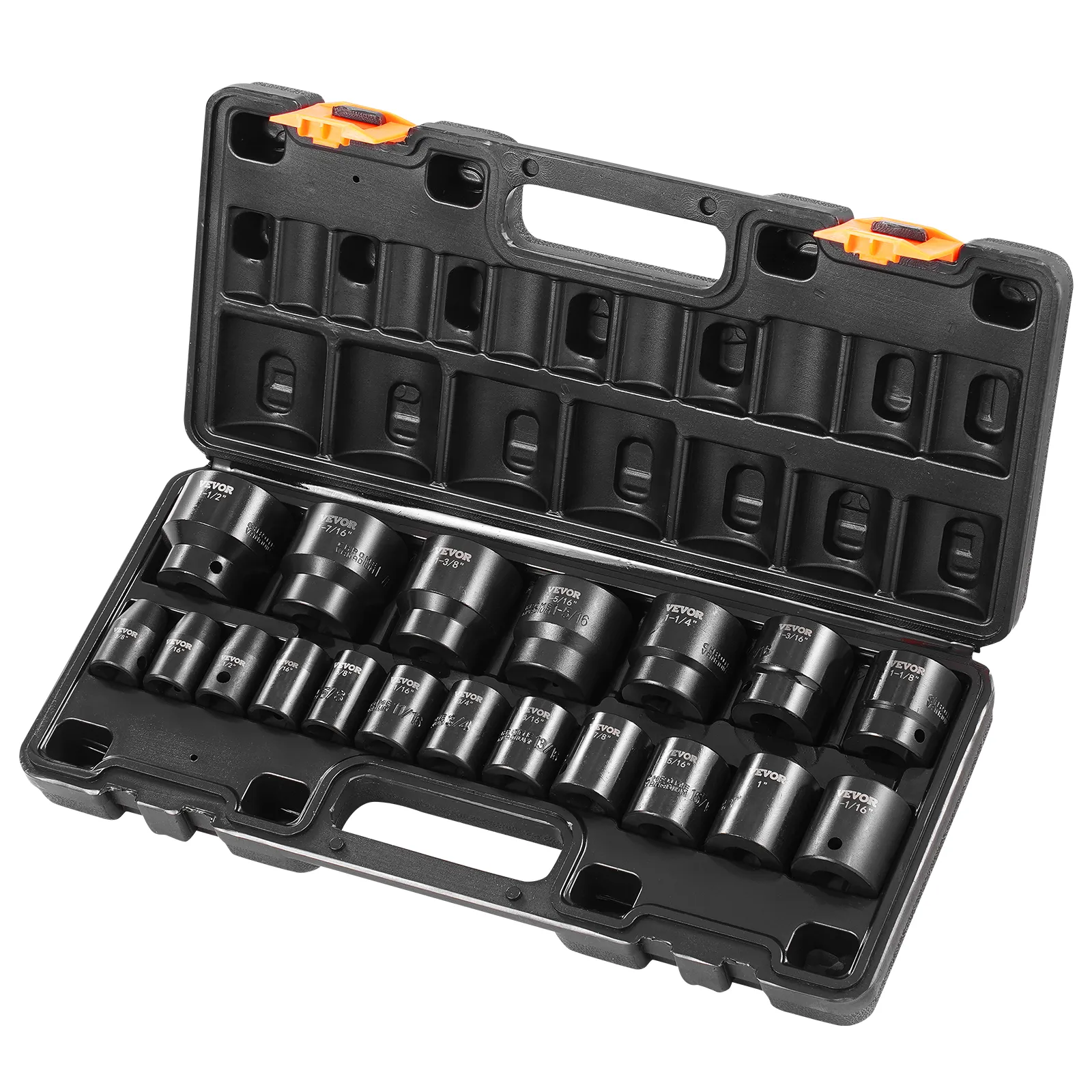 VEVOR impact socket set in a blue case with various socket sizes displayed.