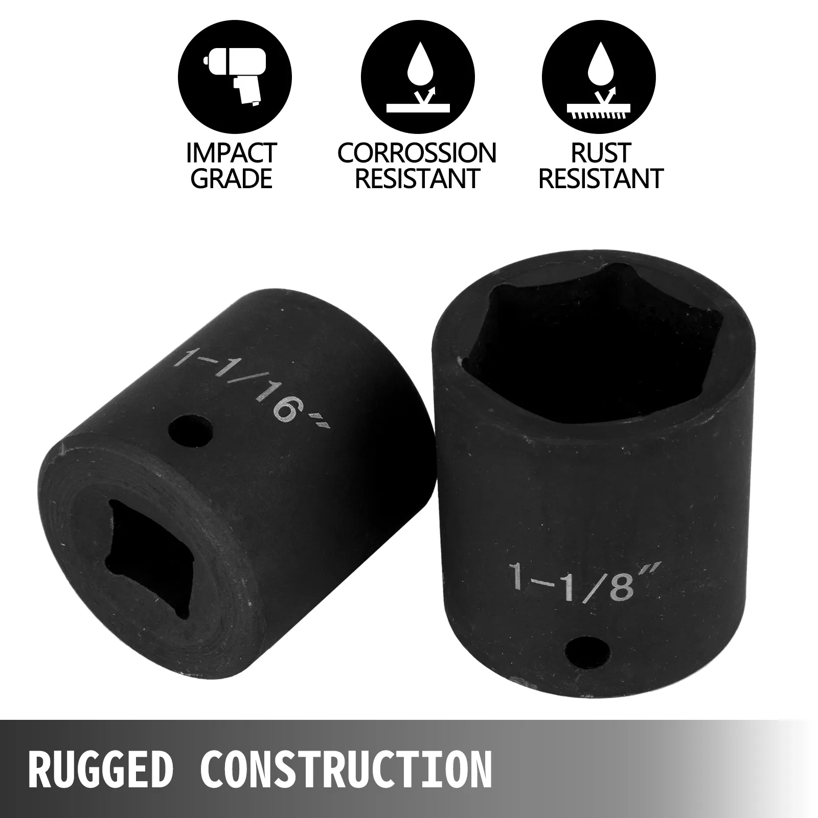 VEVOR impact socket set, corrosion and rust-resistant, rugged construction.